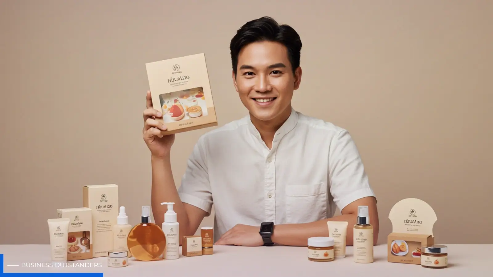Thai entrepreneur building an e-commerce brand on Shopee with product samples and branding materials on a desk