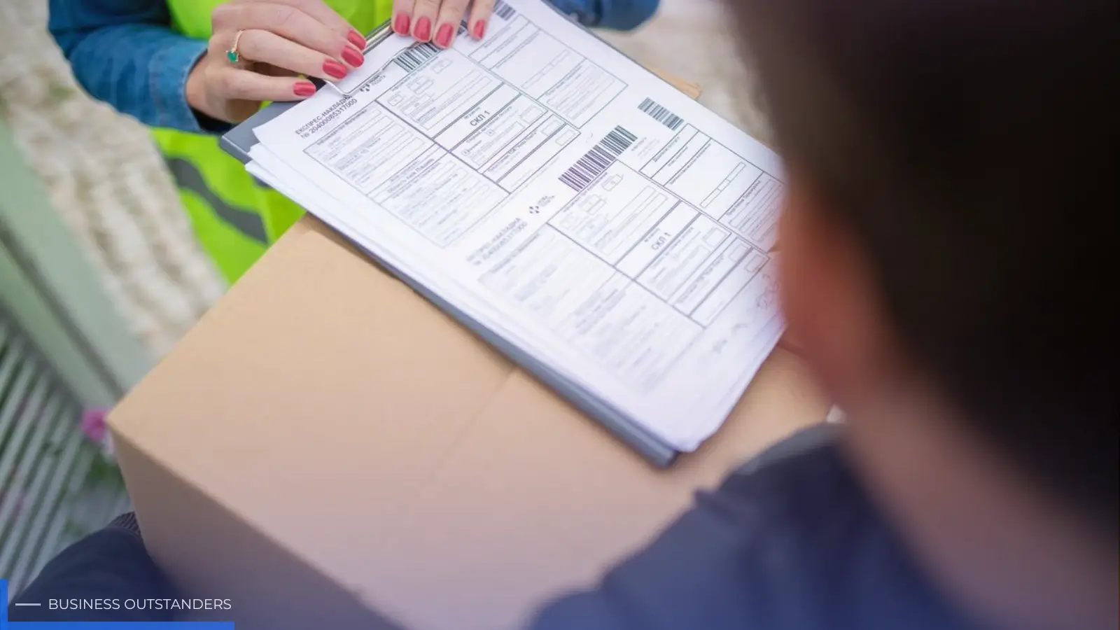 Business professional reviewing international courier service options with global shipping map and logistics documents