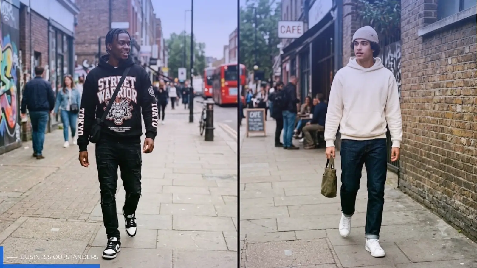 Bold graphic streetwear outfit next to a minimal heavyweight essential look representing loud vs quiet streetwear styles
